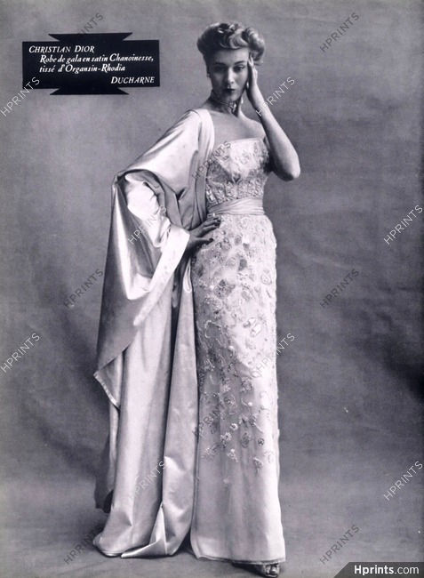 Christian Dior 1952 Robe de gala en satin, Evening Gown, Embroidery, Jacques Decaux