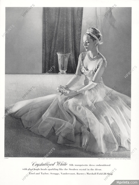 Lord and Taylor 1942 dress embroidered, Steuben Crystal, Horst