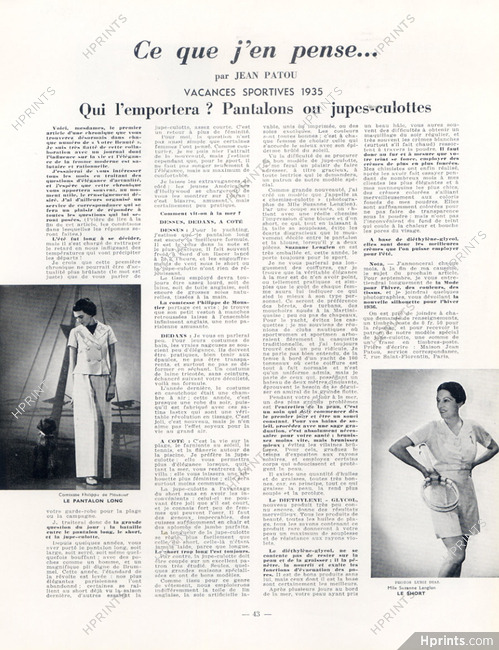 Ce que j'en pense... Pantalons ou jupe-culottes, 1935 - Mrs Philippe de Moustier, Suzanne Lenglen, Luigi Diaz, Text by Jean Patou