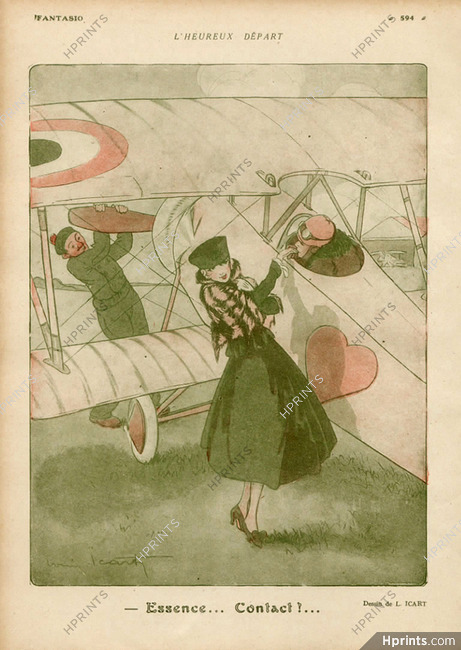 Louis Icart 1917 L' Heureux Départ, Aviator, Airplane, Lovers