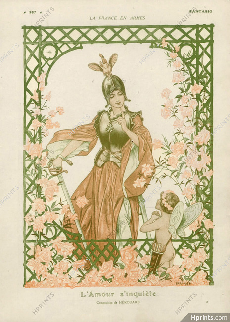 Hérouard 1915 ''L'Amour s'inquiète'' Femal Soldier Armour Angel