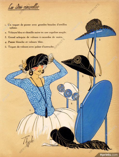 1923 Hats ''Les Idees Nouvelles de la Mode'' Fashion Art Deco Pochoir ''Tres Parisien"