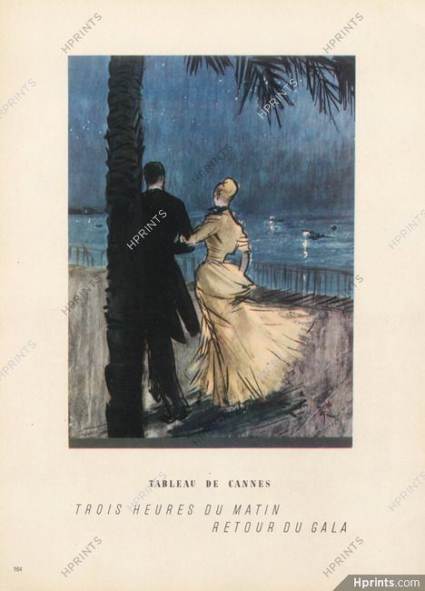 René Gruau 1947 French Riviera Cannes Evening Gown Seashore