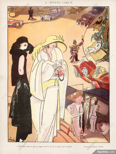 Marcel Vertès 1922 A Monte-Carlo, "Everything I earn on the bed, I lose it on the table", Gambling Casino