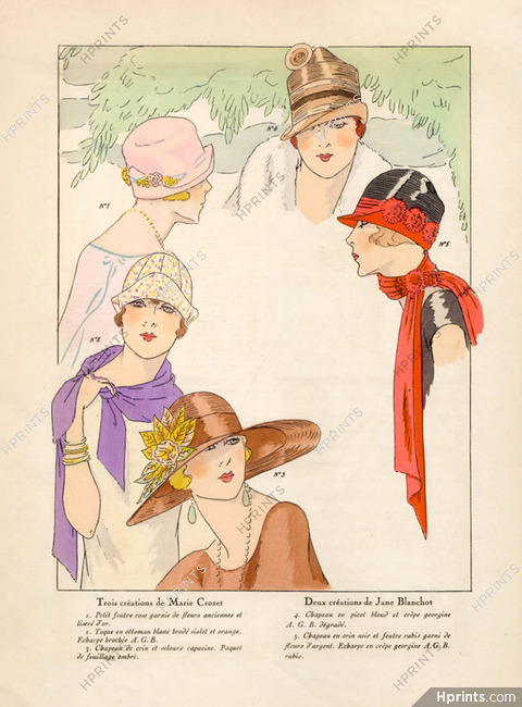 Jane Blanchot (Millinery) 1925 AGB (Art Goût Beauté) Marie Crozet, Fashion illustration (hats), pochoir