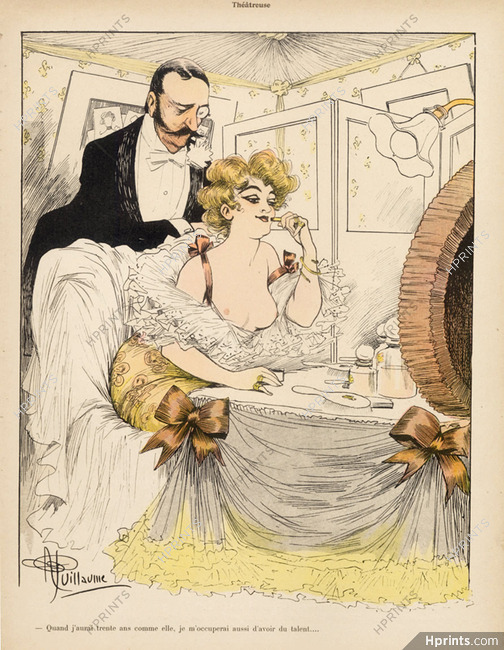 Albert Guillaume 1902 "Théatreuse" sexy girl, topless, making-up