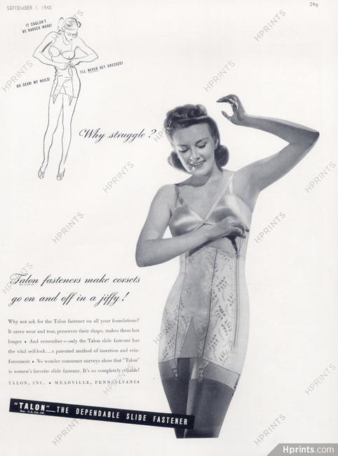 Talon (Girdles) 1940 Slide Fastener, Girdle — Advertisement