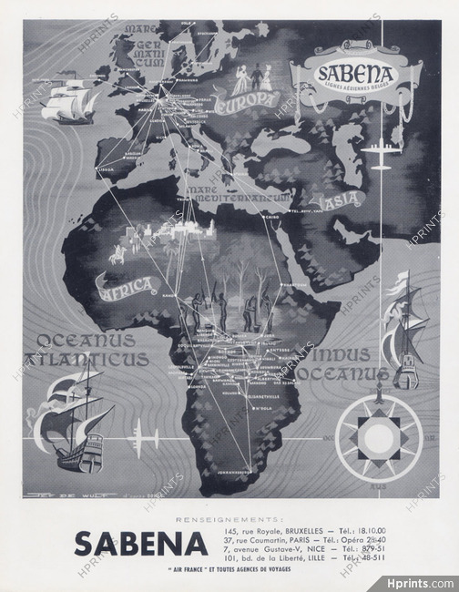 Sabena (Airlines) 1952 Africa, Europa, Asia, Jef de Wulf d'après Dohet