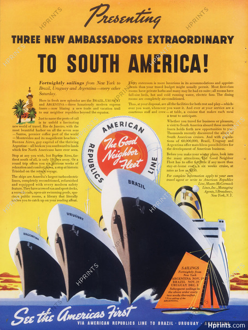 American Republics Line (Ship Company) 1930s, transatlantic liner, Brazil, Uruguay, Argentina