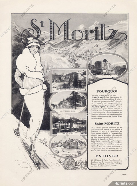 Saint-Moritz (Hotels) 1921 skiing "Le grand hotel, La Suvretta, Le Carlton, Le Palace, Engadiner & New Kulm"