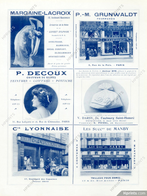 Grunwaldt, Margaine-Lacroix, Decoux, Dr Dys, Manby 1908 shop window