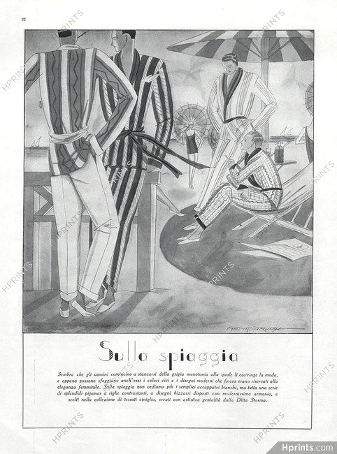 René Gruau 1926 Beach Fashion, pajamas, Men's Clothing