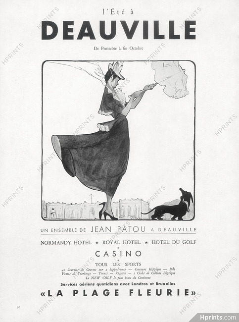 Deauville 1948 Casino, La Plage Fleurie, Ensemble de Jean Patou, Teckel Dog, René Gruau