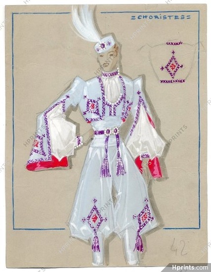 Fost 1942 "La Veuve Joyeuse" Théâtre Mogador, Chorus Singer, original costume design, gouache