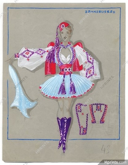 Fost 1942 "La Veuve Joyeuse" Théâtre Mogador, Dancer, original costume design, gouache