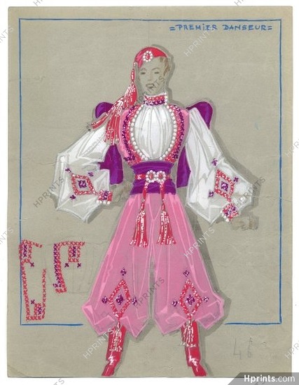 Fost 1942 "La Veuve Joyeuse" Théâtre Mogador, First Dancer, original costume design, gouache