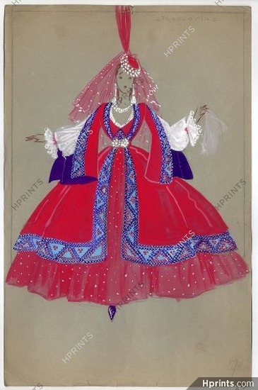 Fost 1942 "La Veuve Joyeuse" Théâtre Mogador, ARNALINA as Prascovia Pritischitch, original costume design, gouache