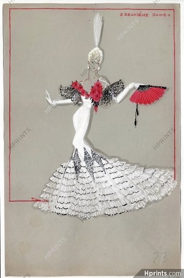 Fost 1942 "La Veuve Joyeuse" Théâtre Mogador, Second Lady of the Court, original costume design, gouache