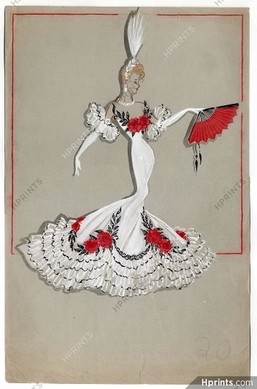 Fost 1942 "La Veuve Joyeuse" Théâtre Mogador, Dancer, original costume design, gouache