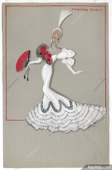 Fost 1942 "La Veuve Joyeuse" Théâtre Mogador, First Lady of the Court, original costume design, gouache