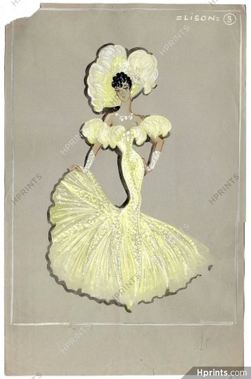 Fost 1942 "La Veuve Joyeuse" Théâtre Mogador, Lison Demi-Mondaine (Acte I), original costume design, gouache