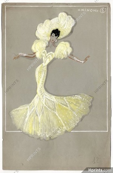 Fost 1942 "La Veuve Joyeuse" Théâtre Mogador, Ninon Demi-Mondaine (Acte I), original costume design, gouache