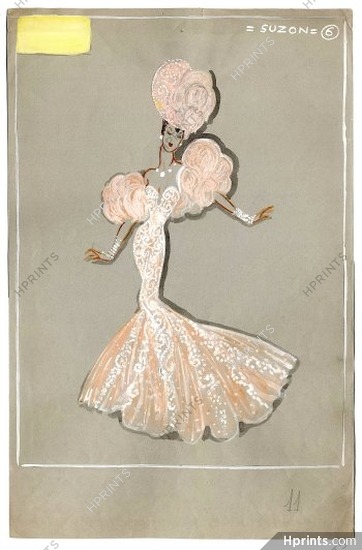 Fost 1942 "La Veuve Joyeuse" Théâtre Mogador, Suzon Demi-Mondaine (Acte I), original costume design, gouache