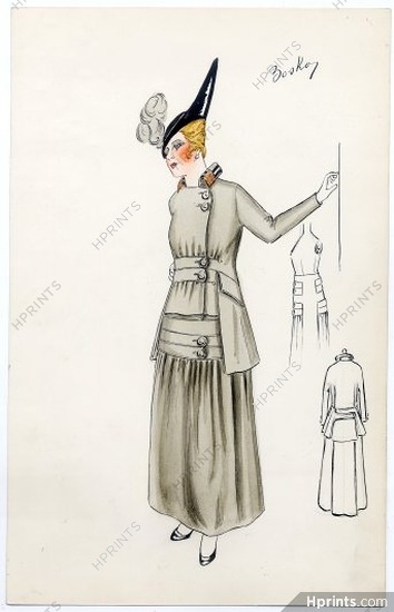 Bernard & Cie (Couture) 1910 "Bosko" Original Fashion Drawing, Indian ink and gouache