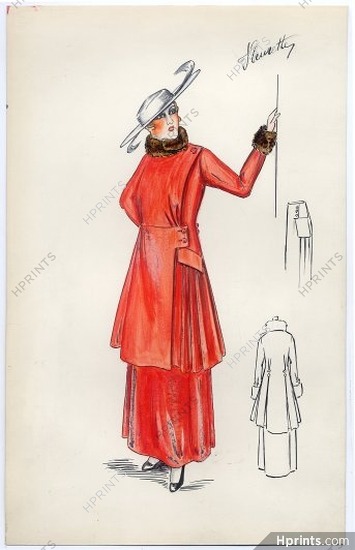 Original Fashion Drawing - Bernard & Cie 1910 "Fleurette", Indian ink and gouache