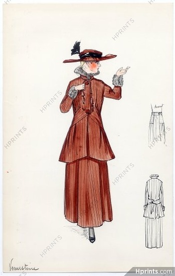 Bernard & Cie (Couture) 1910 "Venustine" Original Fashion Drawing, Indian ink and gouache
