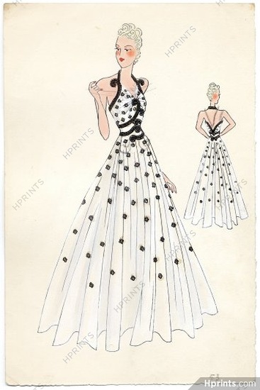 Robert Piguet (Couture) 1940s Original Fashion Drawing, Indian ink and watercolor, evening gown