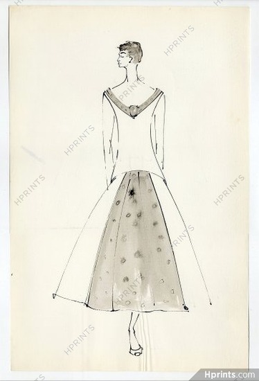 Serge Matta 1950s, Original fashion drawing, Schiaparelli, Jacques Fath