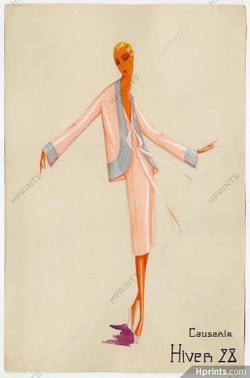 Jeanne Lanvin 1928, "Causerie" Original fashion drawing, gouache