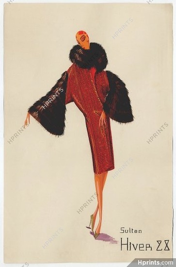 Jeanne Lanvin 1928, "Sultan" Original fashion drawing, gouache