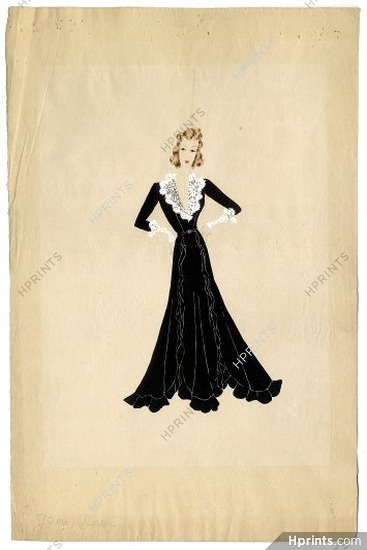 Jean Dessès 30-40s, Original fashion drawing, Black evening gown