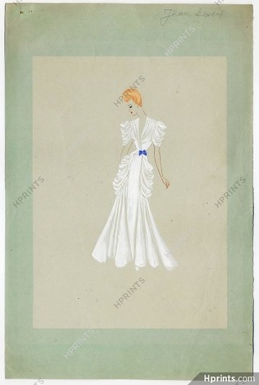 Jean Dessès 30-40s, Original fashion drawing, White evening gown