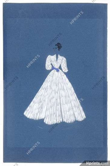 Jean Dessès 30-40s, Original fashion drawing, signed Jean Dessès, White evening gown