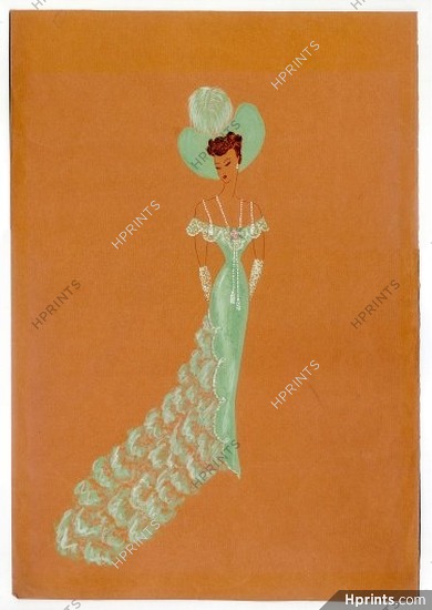 Jean Dessès 30-40s, Original fashion drawing, evening gown