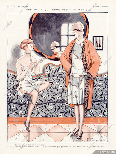 Fabiano 1926 "Une mode qui nous vient d'Amérique" Dress with a printed map of Italia, Sicilia