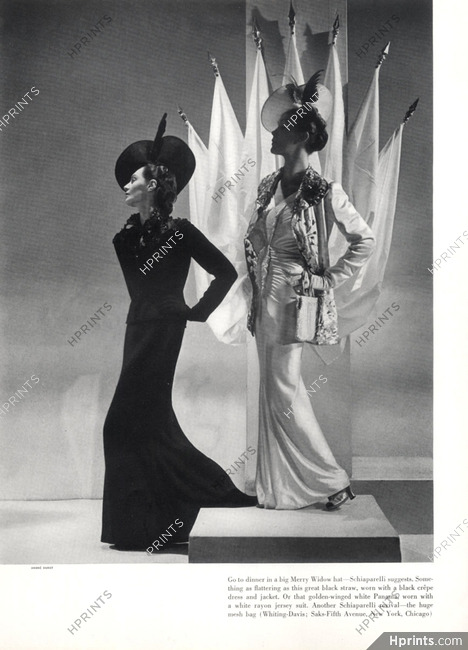 Schiaparelli (Couture) 1937 Merry widow hat, Dinner Dress and Jacket, Photo André Durst