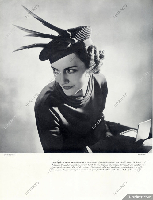 Molyneux (Couture) 1937 "Les garnitures de Plumage" Béret, Photo Boris Lipnitzki