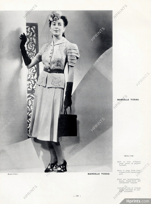 Marcelle Tizeau (Couture) 1939 Dress in grege Irish linen, trimmed with inserted guipure. Photo Studio Franz