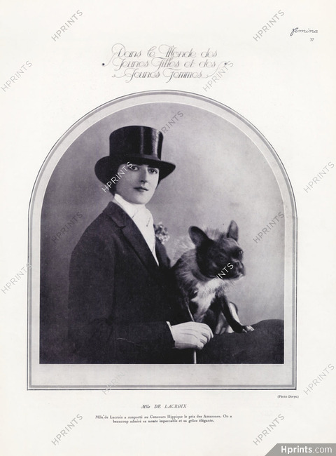 Mlle De Lacroix (Portrait) 1925 "Concours Hippique, le prix des Amazones" French bulldog