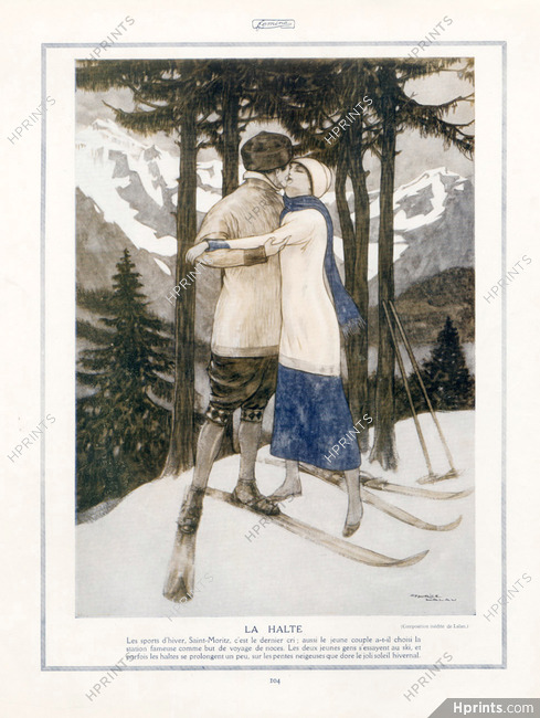Maurice Lalau 1914 "La Halte" Lovers, Kiss, Skiing, Saint-Moritz