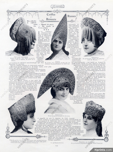 Coiffes et Bonnets Russes, 1907 - Traditional Kokochnick, Pearls, Text by C. de Danilowitch