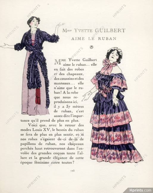 Mme Yvette Guilbert aime le ruban, 1914 - Ludwik Strimpl Ribbons dresses, La Gazette du Bon Ton