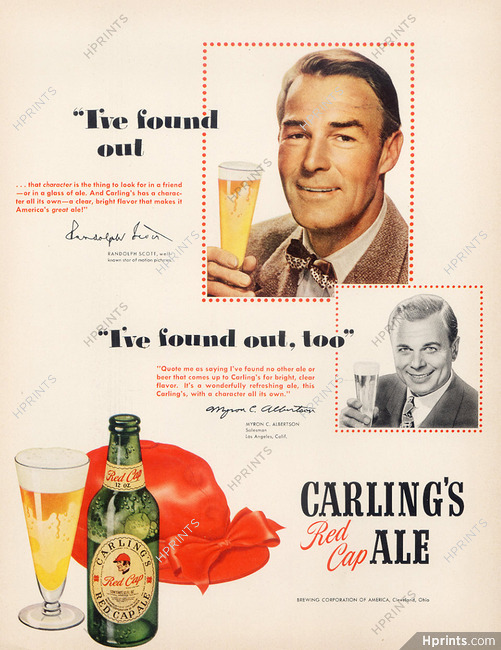 Carling's Red Cap Ale (Beer) 1949 Randolph Scott, Myron C. Albertson