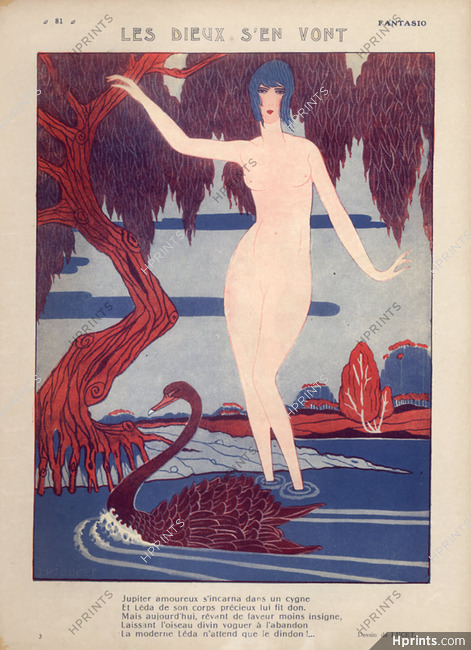 Lucet 1921 Sexy Girl Nude, Leda Mythologie Swan