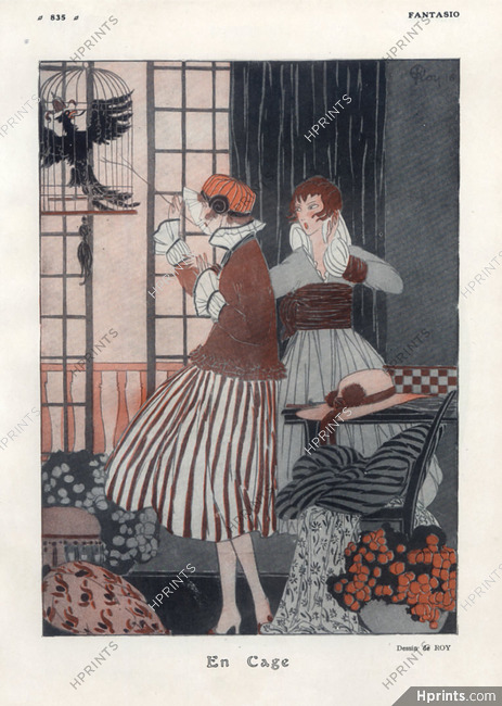 En Cage, 1916 - F. Roy Elégantes, Parrot, Interior Decoration