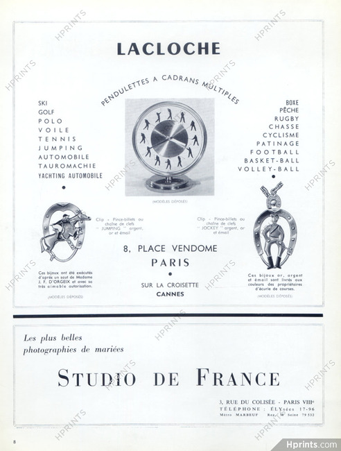 Lacloche 1955 Pendulette, Moneyclip "Jumping, Jockey", Clock